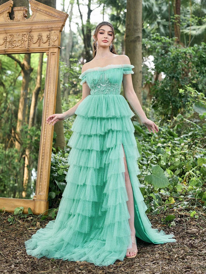 Gorgeous Off-Shoulder Applique Detail Bodice Cascading Ruffle Hem Prom Dress – view 4