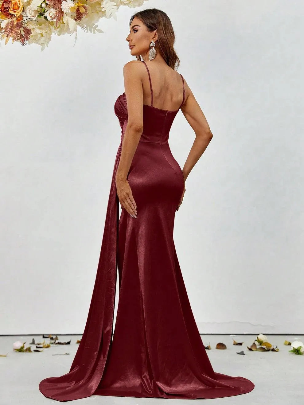 Additional product view of Asymmetrical Mermaid Hem Satin High-Slit Sleeveless Evening Gown