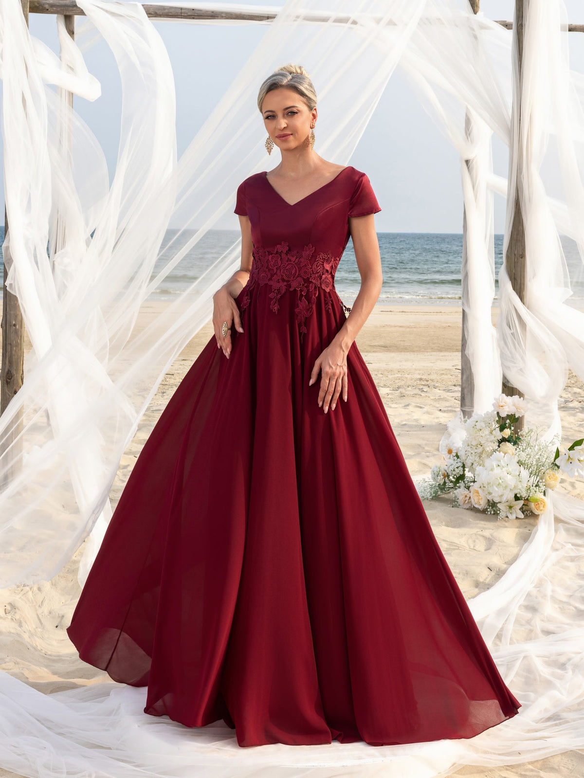 Additional view of Burgundy V-Neck Chiffon Mother of the Bride Dress with Lace Applique