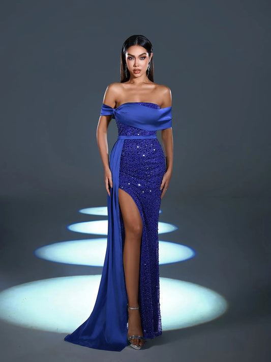 Off-Shoulder Draped Side Split Mermaid Hem Sequin Evening Dress in Royal Blue