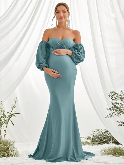 Off-Shoulder Knit Mermaid Long-Sleeve Maxi Maternity Evening Dress in Cyan