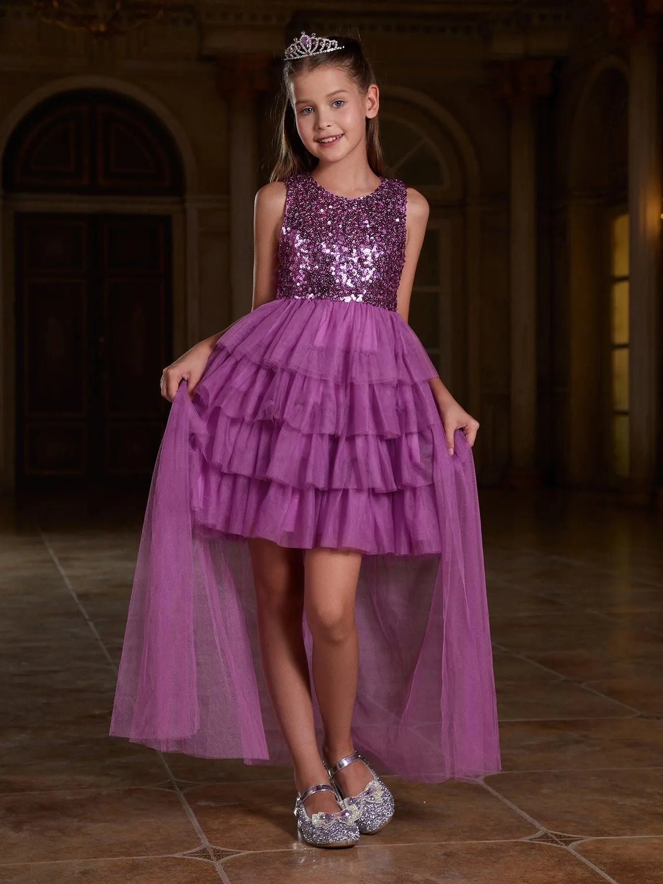 Additional product view of Layered Hem Sequin A-Line Sleeveless Mesh Round Neck Tween Girls' Party Dress