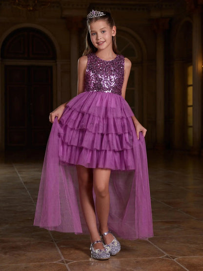 Additional product view of Layered Hem Sequin A-Line Sleeveless Mesh Round Neck Tween Girls' Party Dress