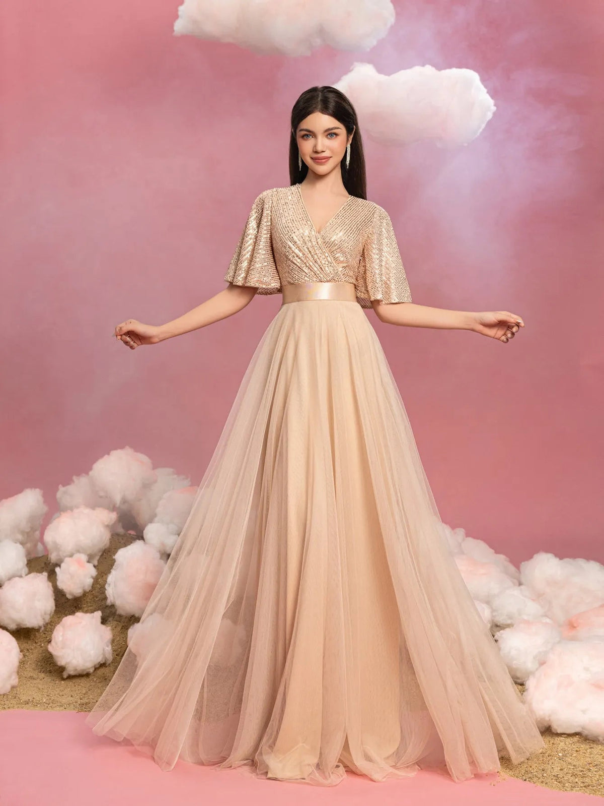 Teen Girls' V-Neck Sequin Short-Sleeve A-Line Formal Gown — authorized product image 1