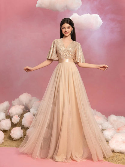 Teen Girls' V-Neck Sequin Short-Sleeve A-Line Formal Gown — authorized product image 1