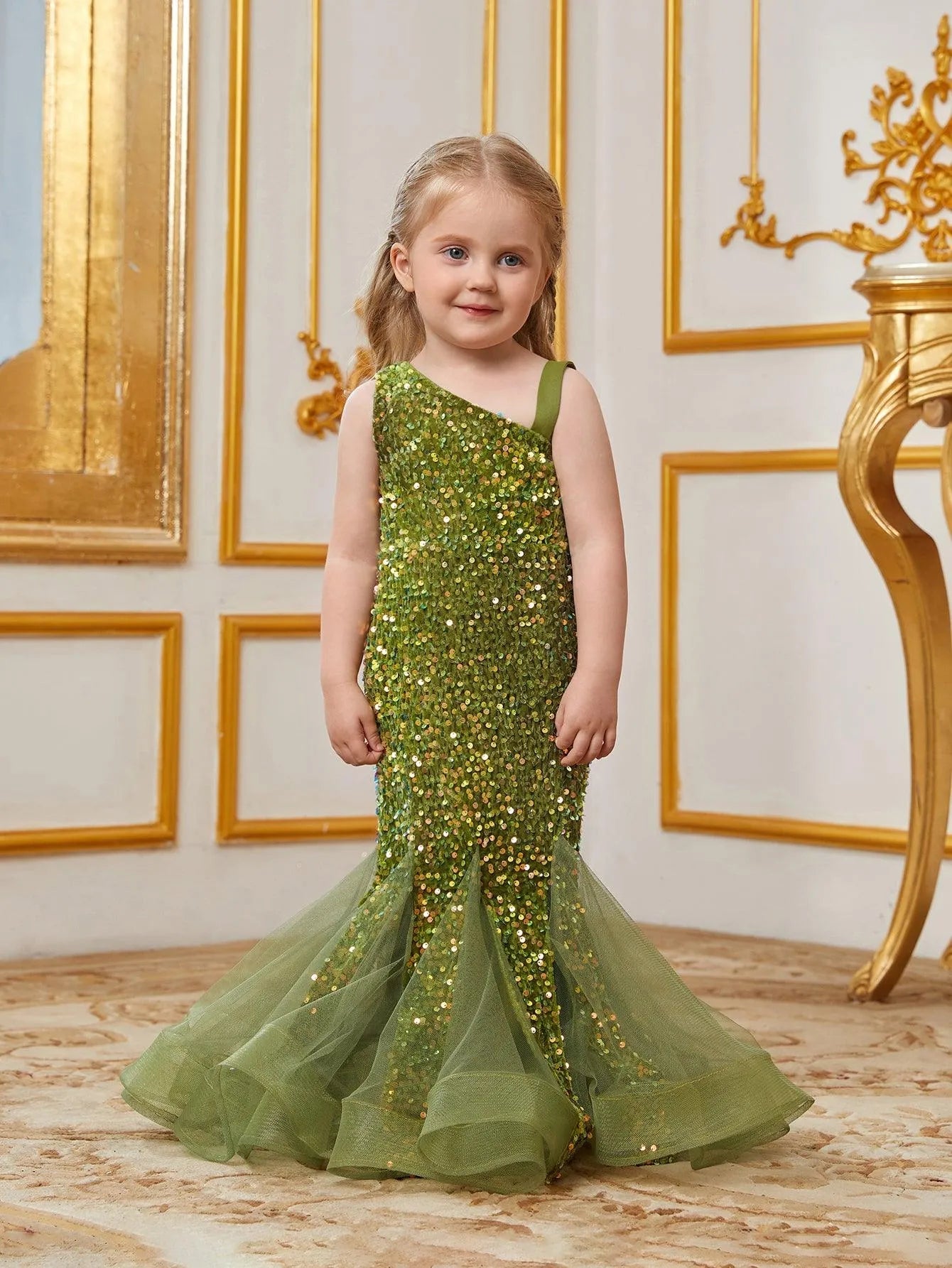 Additional product view of Mesh Insert Mermaid Hem One-Shoulder Sequin Sleeveless Young Girls' Party Dress