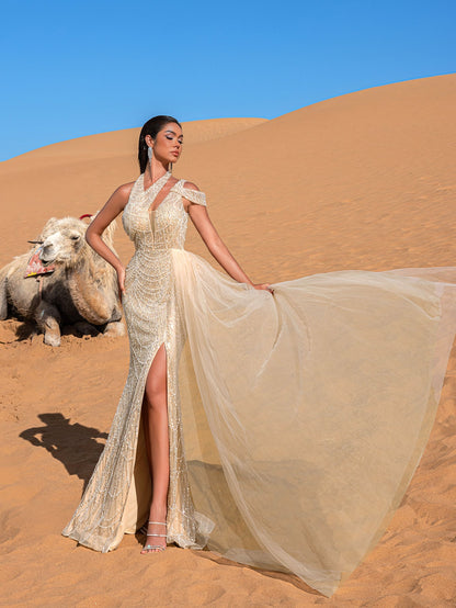 Additional view of Asymmetrical Neck Beaded Mermaid Evening Gown
