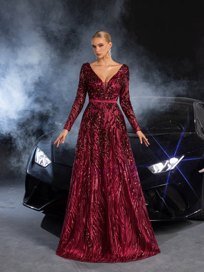 Elegant Plunging Neck Lace-up Back Graphic Sequin Formal Prom Dress