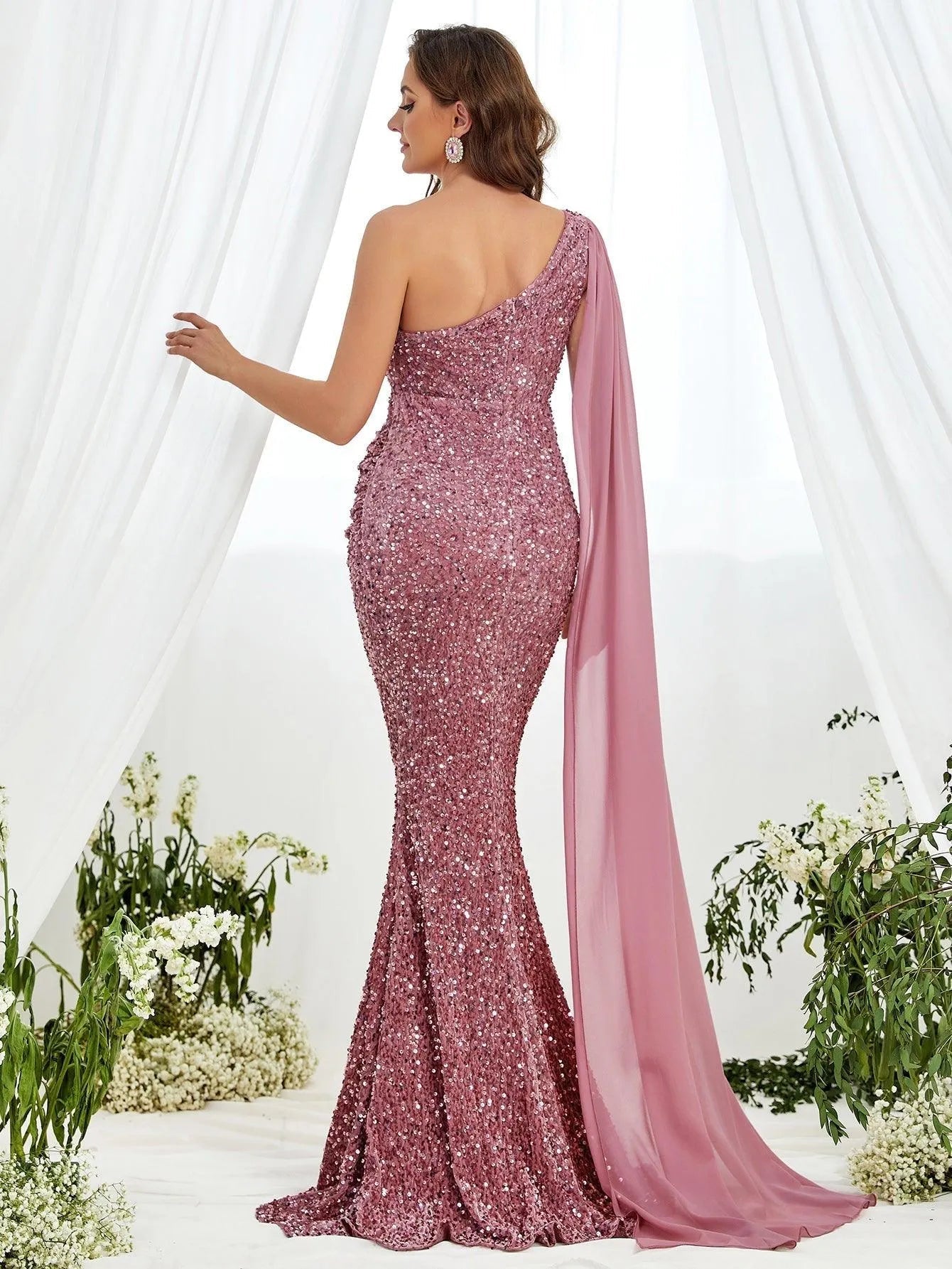 Maternity One-Shoulder Sequin Sleeveless Mermaid Evening Gown — authorized product image 2