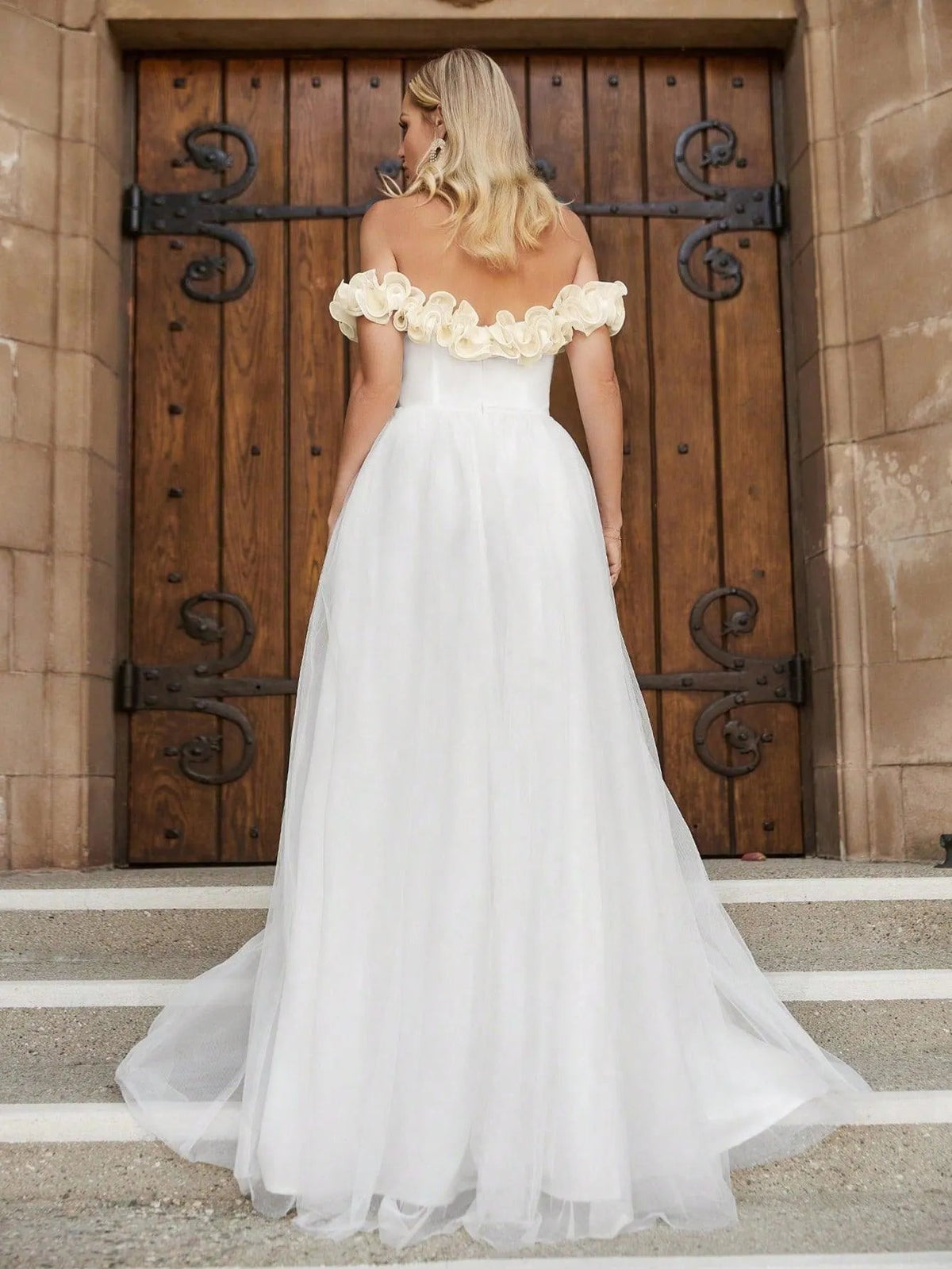 Off-Shoulder Satin Short-Sleeve A-Line Wedding Gown — authorized product image 2
