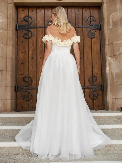 Off-Shoulder Satin Short-Sleeve A-Line Wedding Gown — authorized product image 2