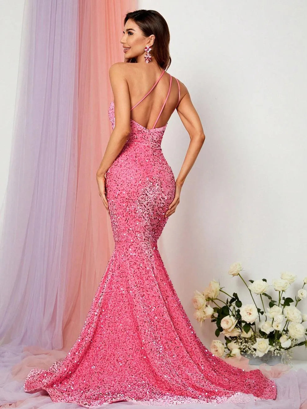 Additional product view of One-Shoulder Sequin Mermaid Sleeveless Maxi Evening Gown