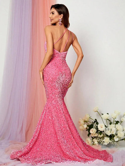 Additional product view of One-Shoulder Sequin Mermaid Sleeveless Maxi Evening Gown