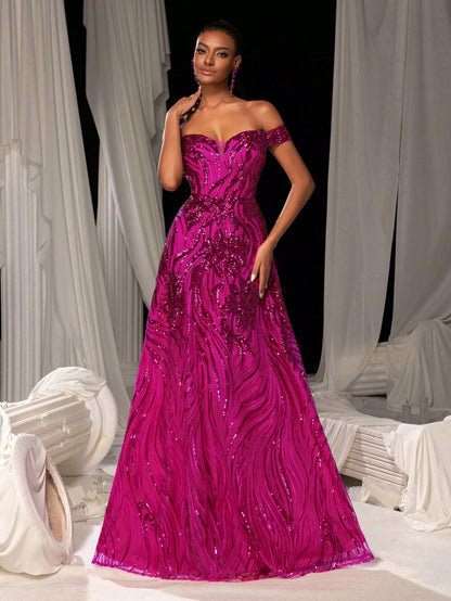 Elegant Off Shoulder Graphic Sequin Formal Prom Dress Evening Dress