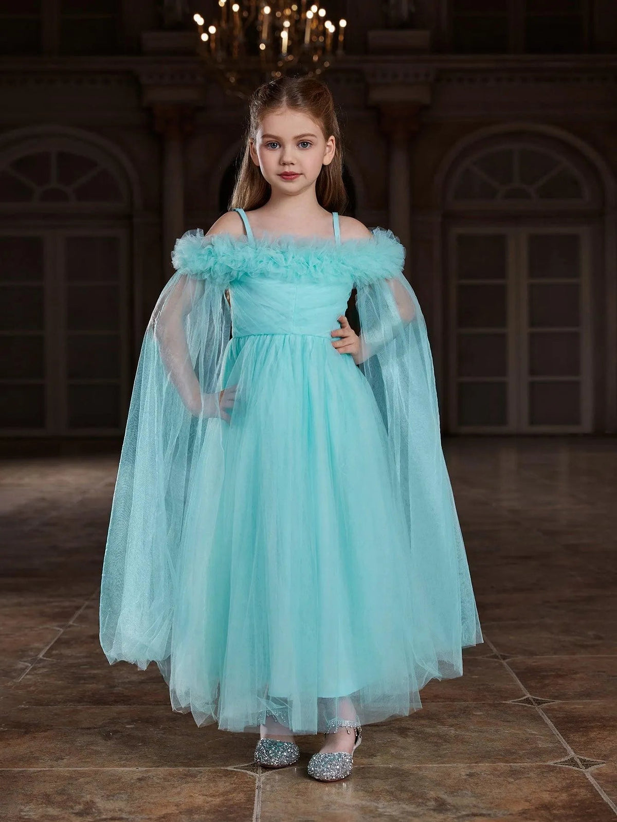 Additional product view of Ruffle Trim Off-Shoulder A-Line Long-Sleeve Mesh Tween Girls' Party Dress