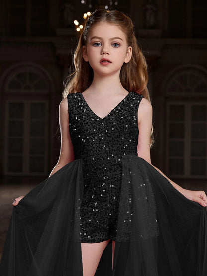 Additional product view of Mesh Overlay V-Neck Sequin Sleeveless Tween Girls' Formal Romper