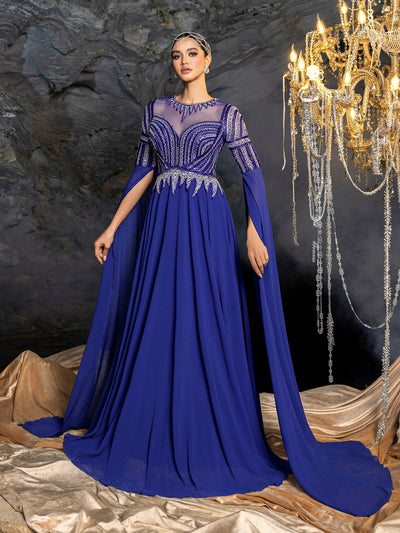 Round Neck Sequin Chiffon Long-Sleeve A-Line Evening Gown