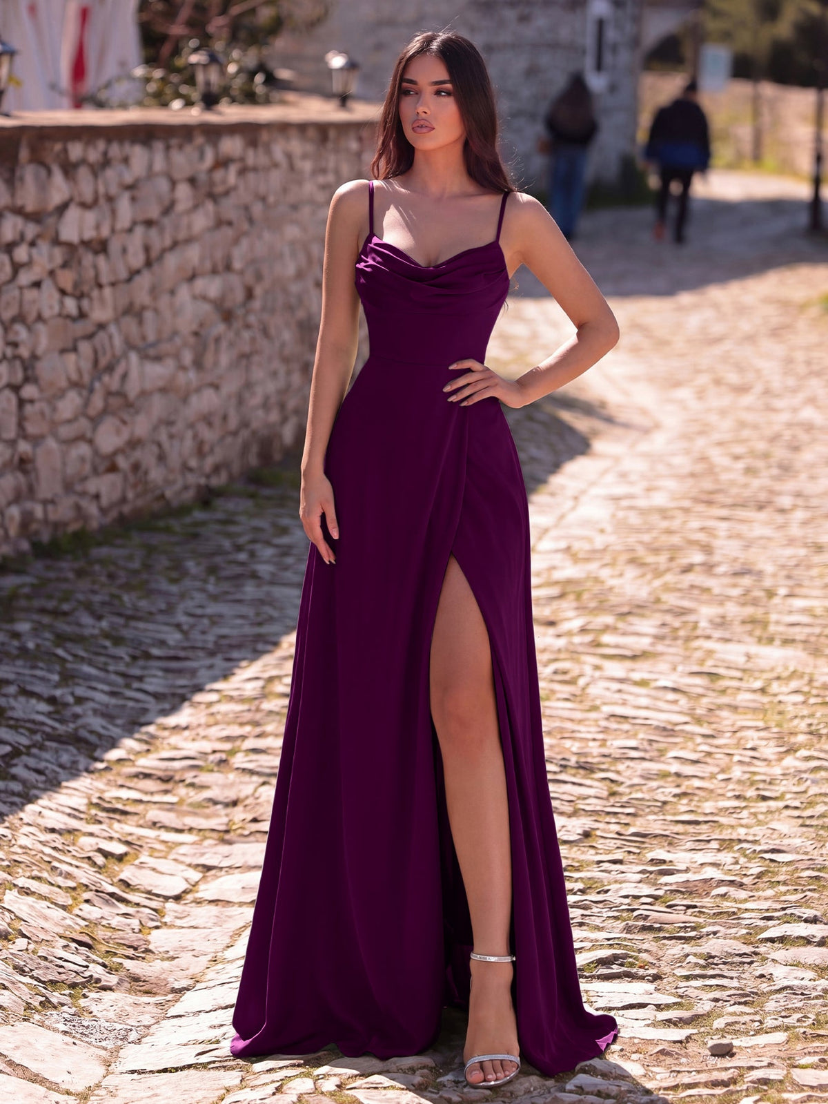 Cowl Neck High Slit Sleeveless A-Line Evening Gown