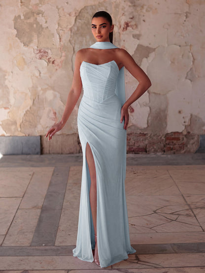 Additional product view of Lace-Up Back Strapless High-Slit Mermaid Sleeveless Evening Gown
