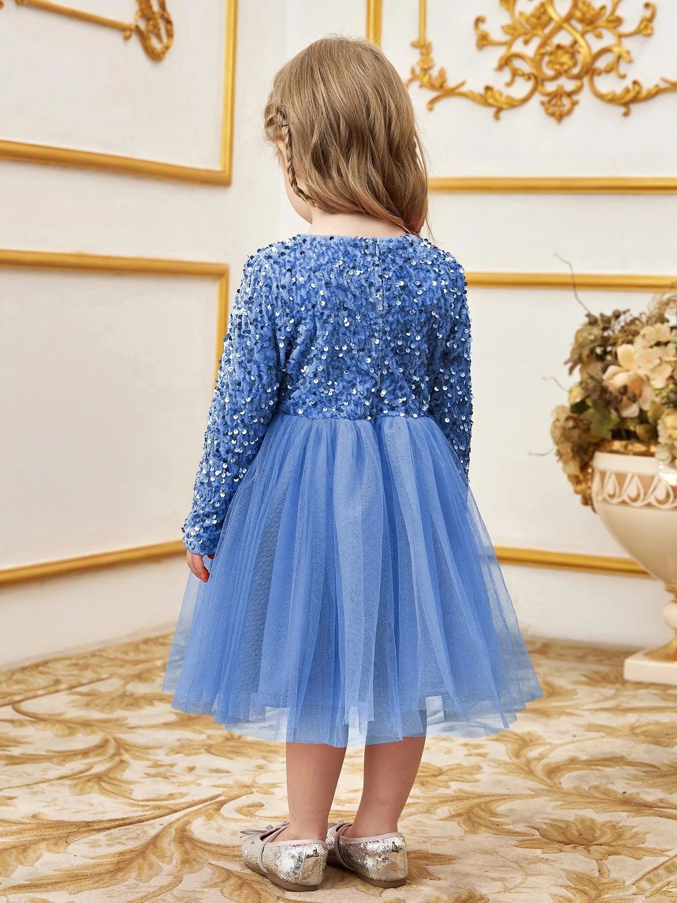Additional product view of Bow-Front Sequin A-Line Long-Sleeve Mesh Young Girls' Party Dress