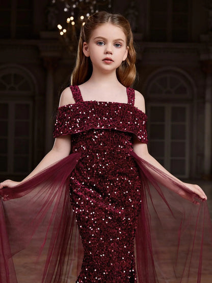 Additional product view of Mesh Overlay Off-Shoulder Sequin Mermaid Short-Sleeve Tween Girls' Party Dress