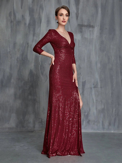 Women's Plunging Neck Split Sequin Formal Dress – view 4