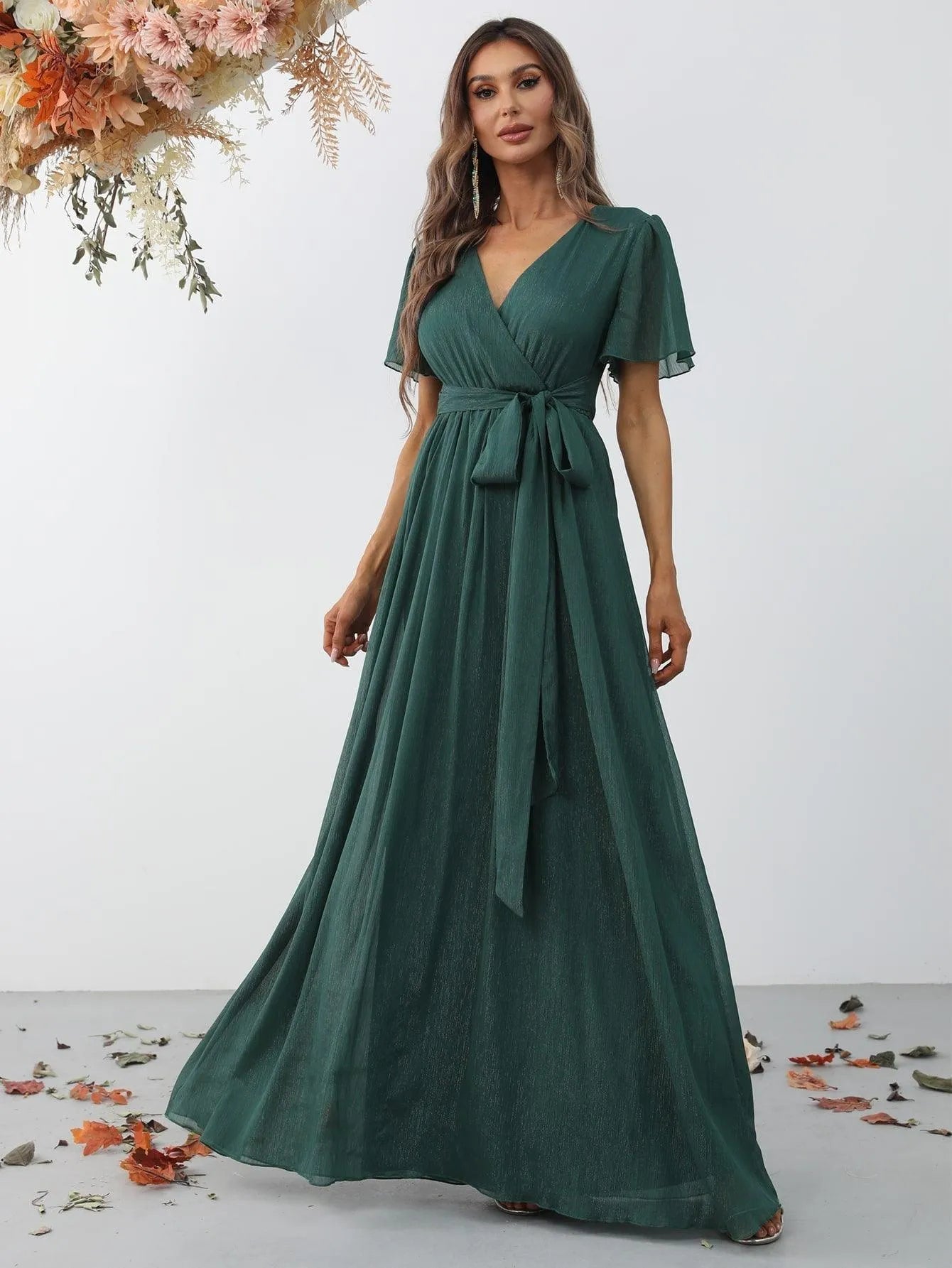 Belted V-Neck Chiffon A-Line Short-Sleeve Maxi Formal Dress in Green