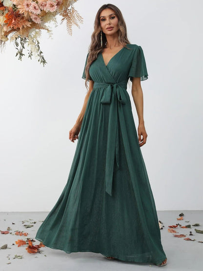 Belted V-Neck Chiffon A-Line Short-Sleeve Maxi Formal Dress in Green