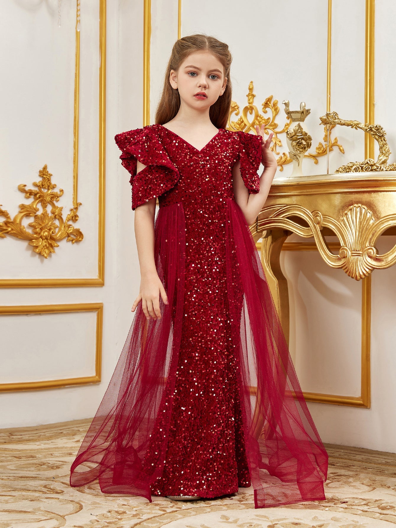 Additional product view of Mesh Overlay V-Neck Sequin Mermaid Short-Sleeve Tween Girls' Party Dress