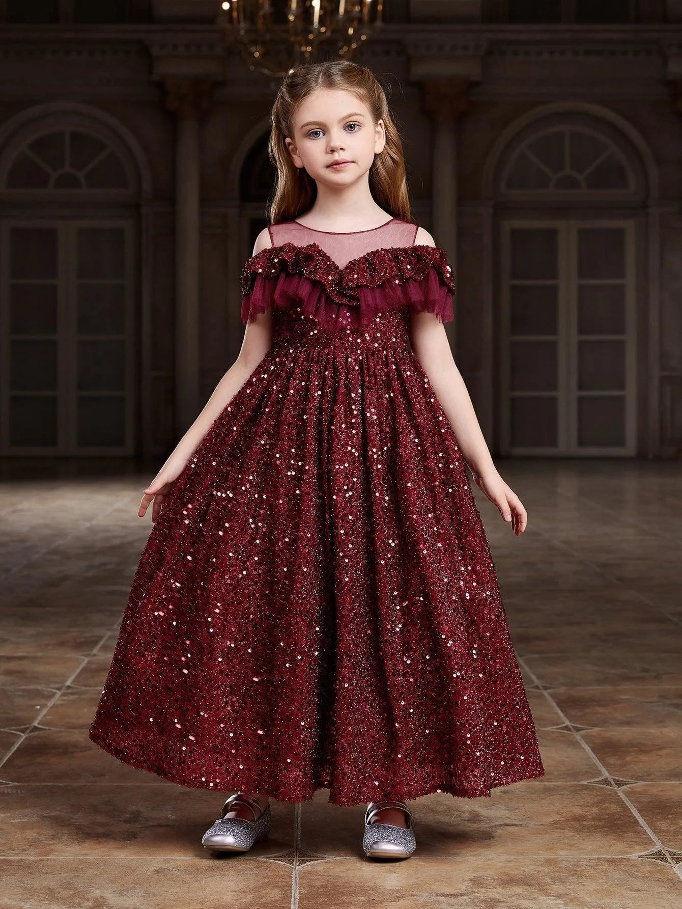 Tween Girls' Round Neck Sequin Tulle Short-Sleeve A-Line Formal Gown — authorized product image 1
