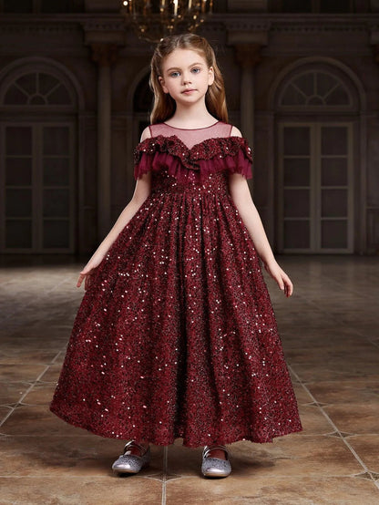 Tween Girls' Round Neck Sequin Tulle Short-Sleeve A-Line Formal Gown — authorized product image 1