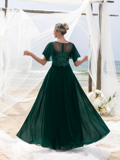 Women's Elegant Lace Floor-Length Evening Gown for Mother of the Bride – Flared Short Sleeves, Chest-to-Waist Lace Motifs, Voluminous Flowing Skirt for Beach Coastal Weddings &…