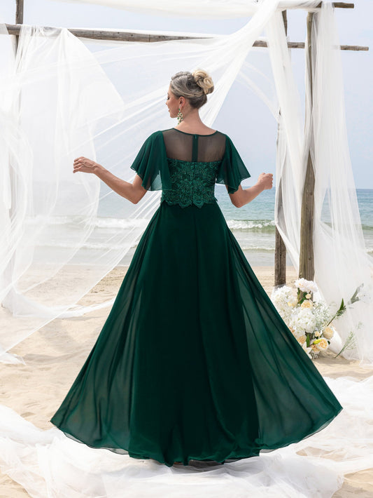 Women's Elegant Lace Floor-Length Evening Gown for Mother of the Bride – Flared Short Sleeves, Chest-to-Waist Lace Motifs, Voluminous Flowing Skirt for Beach Coastal Weddings &…