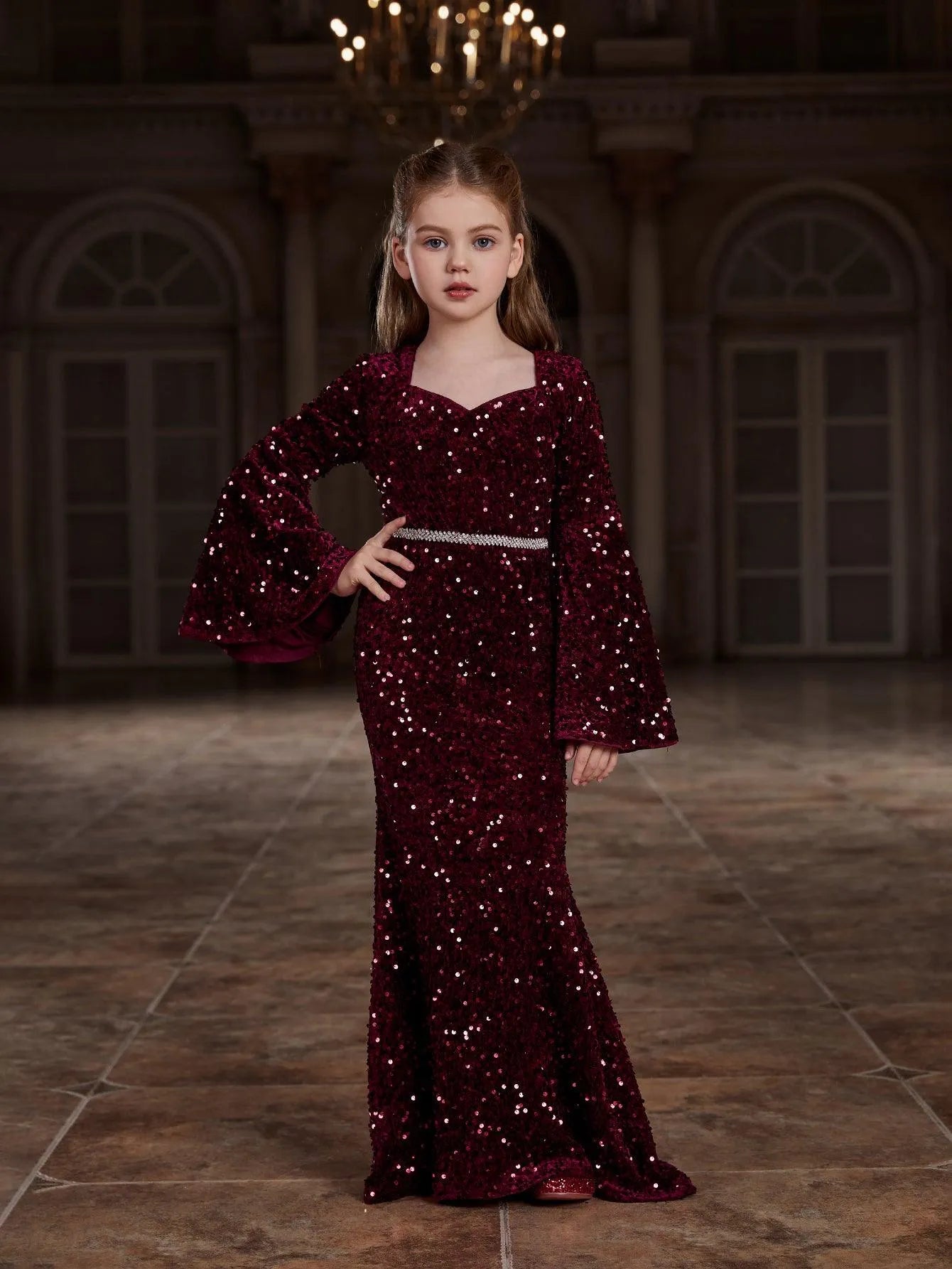 Additional product view of Bell-Sleeve Sweetheart-Neck Sequin Mermaid Maxi Tween Girls' Party Dress