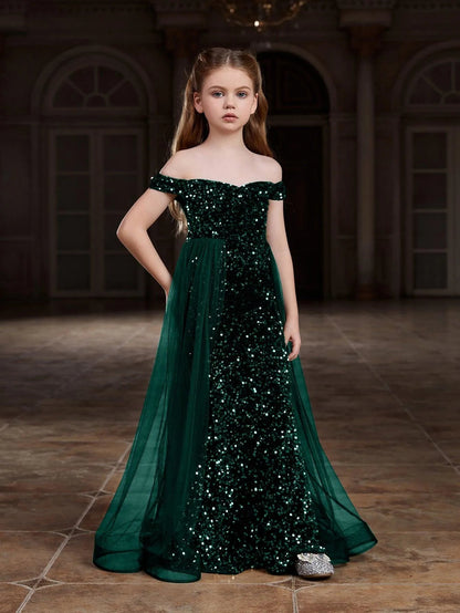 Additional product view of Mesh Overlay Off-Shoulder Sequin Mermaid Short-Sleeve Maxi Tween Girls' Party Dress