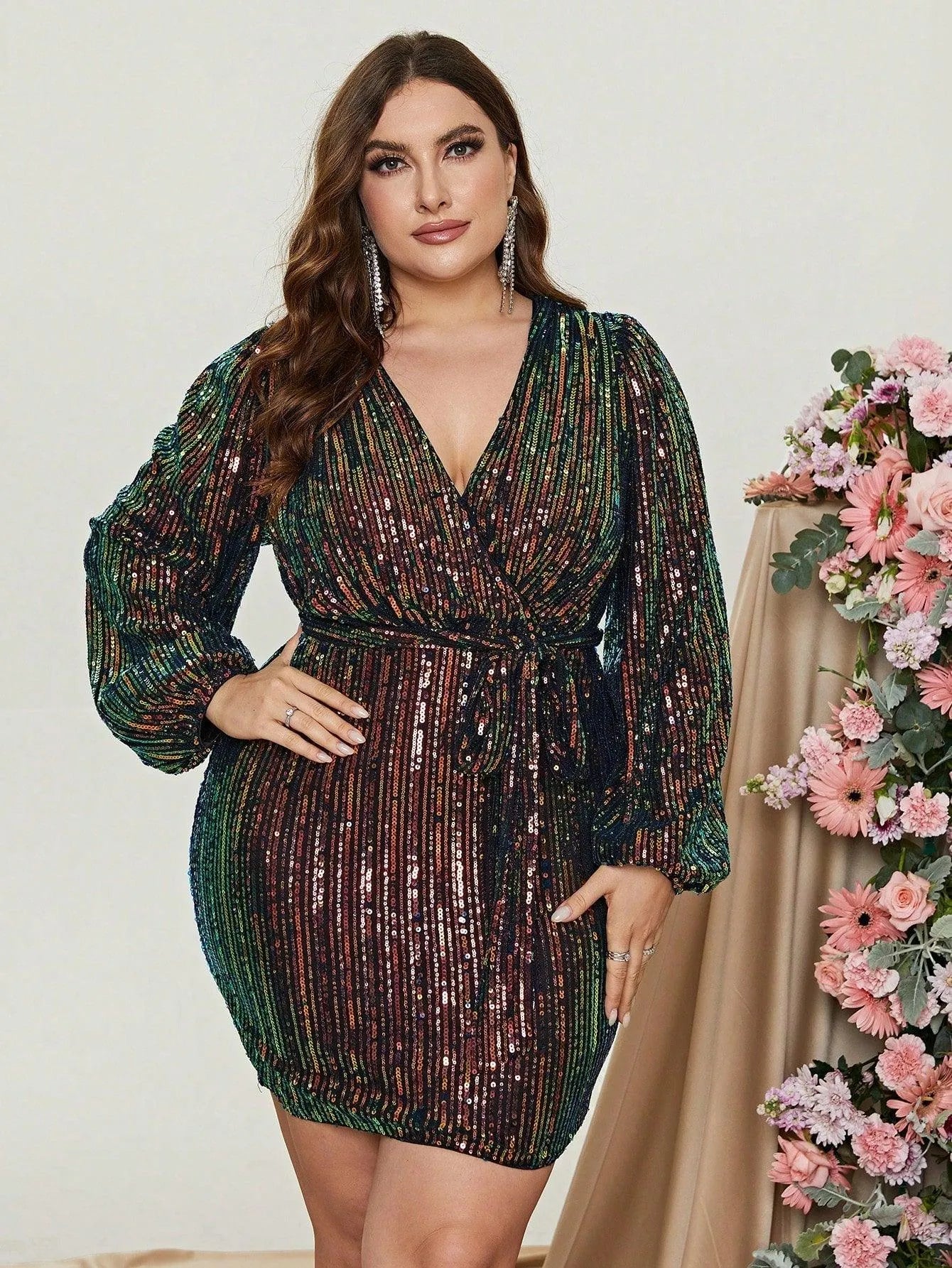 Surplice-Neck Belted Plus-Size V-Neck Sequin Mini Party Dress in Black