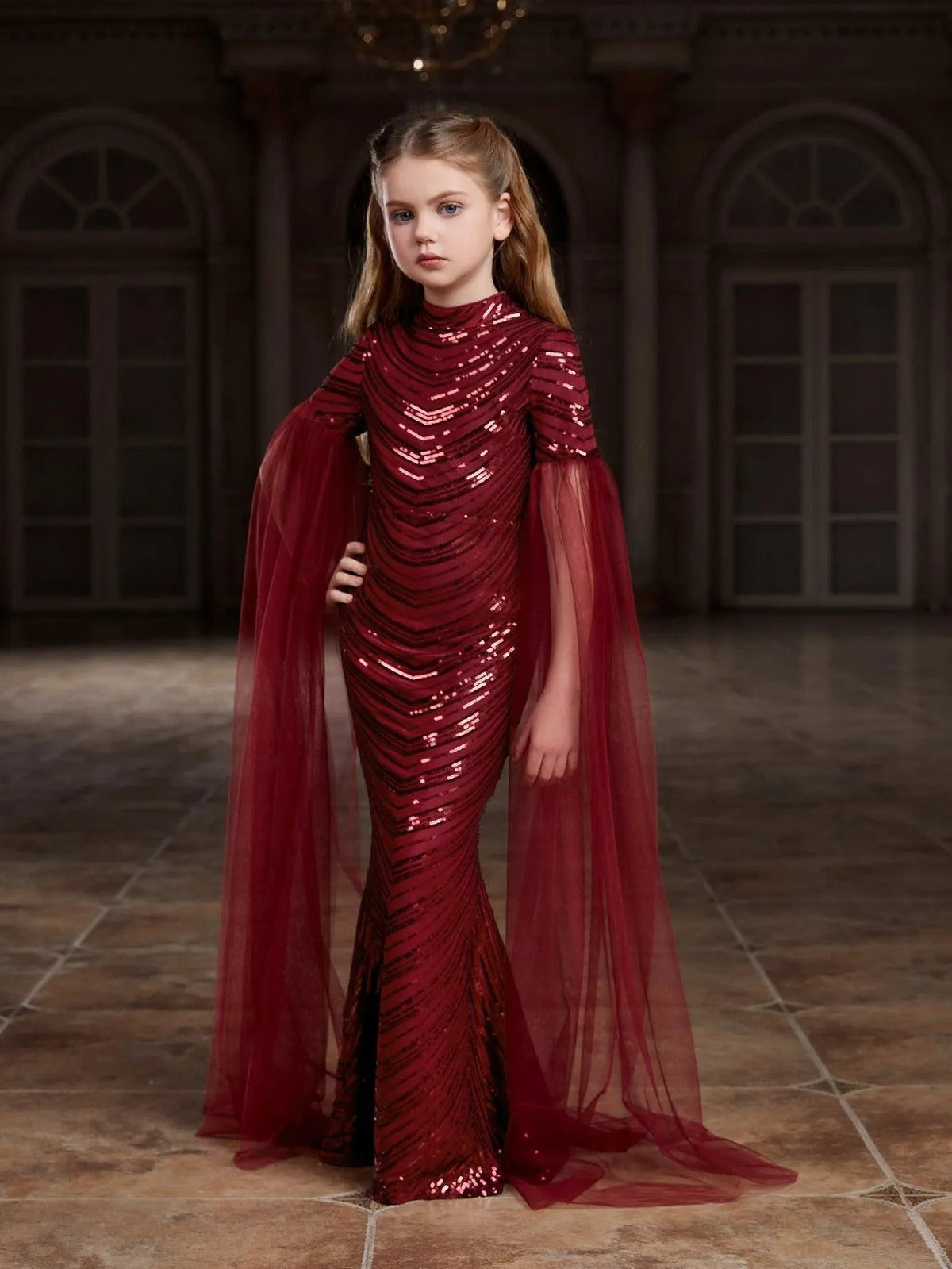 Tween Girls' High Neck Sequin Cape Mermaid Formal Gown — authorized product image 10