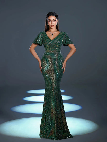Elegant Sequin Butterfly Sleeves Mermaid Hem Evening Dress – view 7