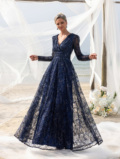 Lace V-Neck Long-Sleeve A-Line Sequin Mother-of-the-Bride Dress in Navy Blue