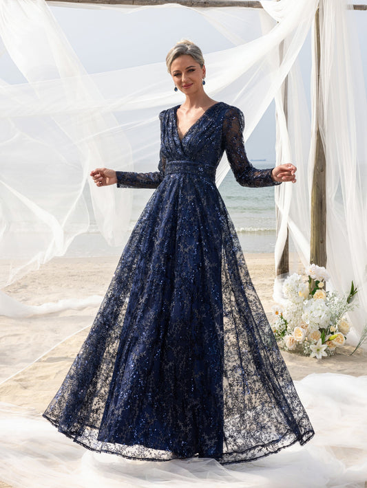 Lace V-Neck Long-Sleeve A-Line Sequin Mother-of-the-Bride Dress in Navy Blue