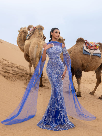 Luxury Gorgeous Rhinestone Detail Cape Sleeves Mermaid Hem Beaded Seuqin Evening Dress – view 18