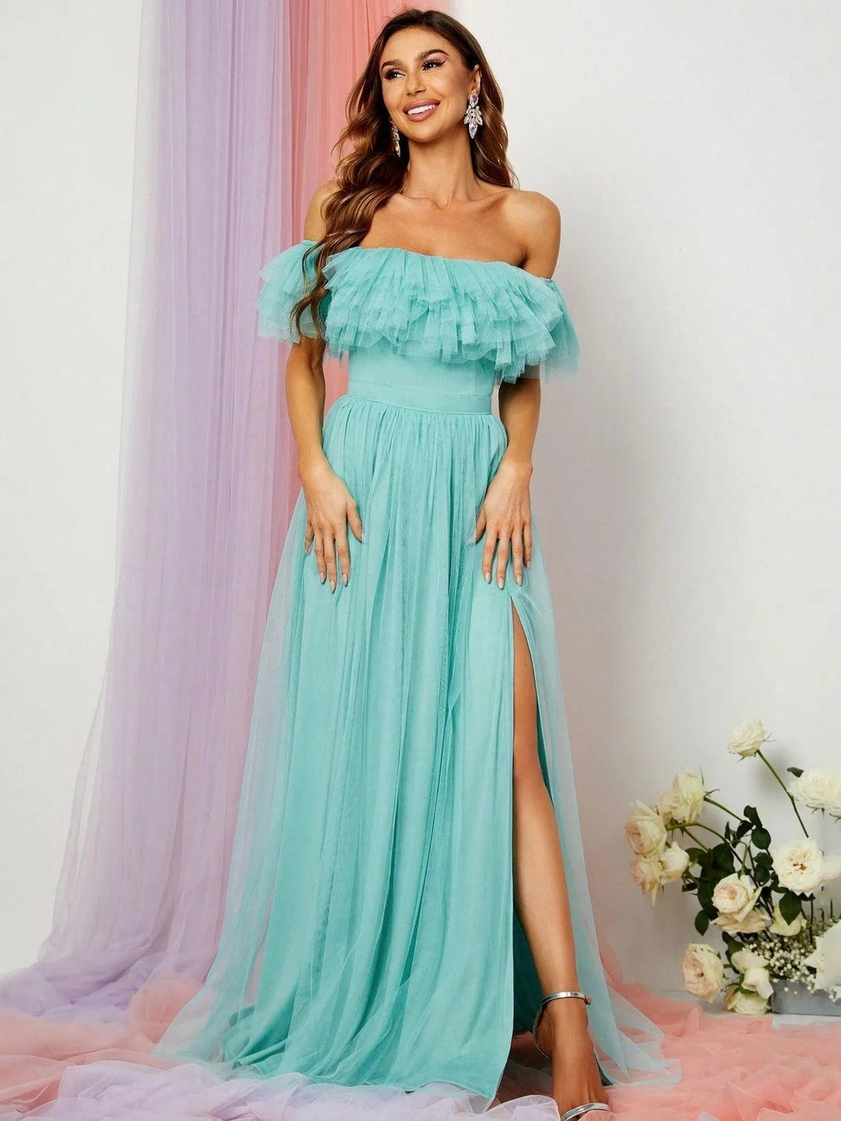 Ruffle Trim High-Slit Off-Shoulder Mesh A-Line Evening Gown in Mint