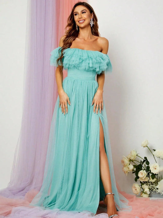 Ruffle Trim High-Slit Off-Shoulder Mesh A-Line Evening Gown in Mint