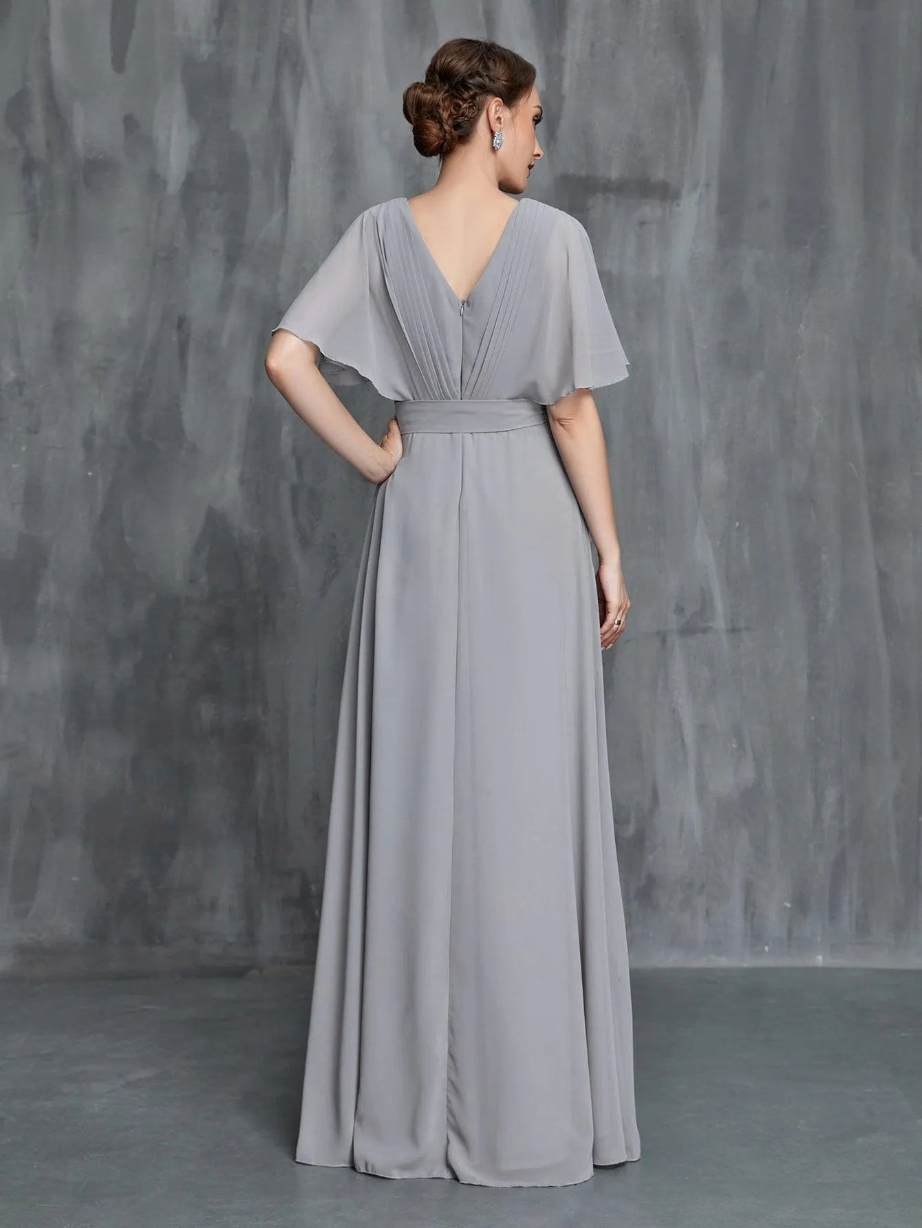 Additional product view of Belted Chiffon V-Neck Short-Sleeve A-Line Mother-of-the-Bride Dress