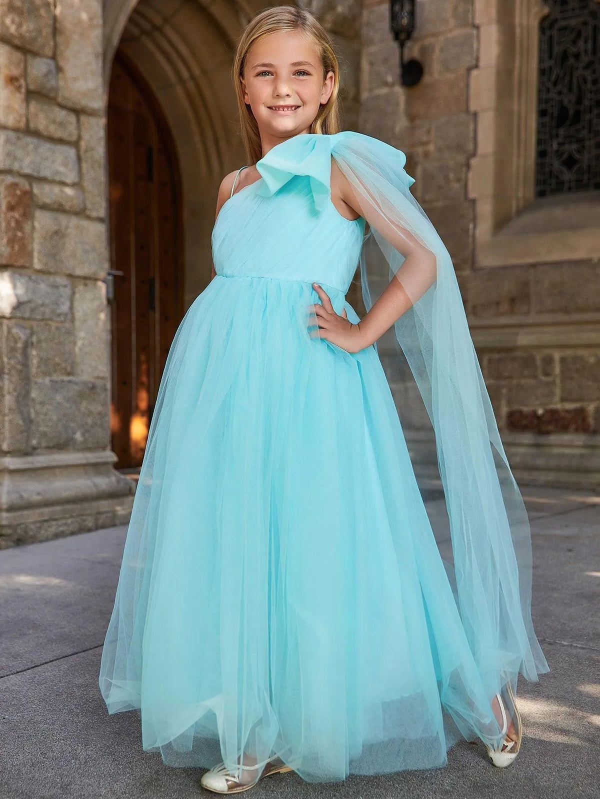 Tween Girls' One-Shoulder Tulle Sleeveless A-Line Formal Gown — authorized product image 3