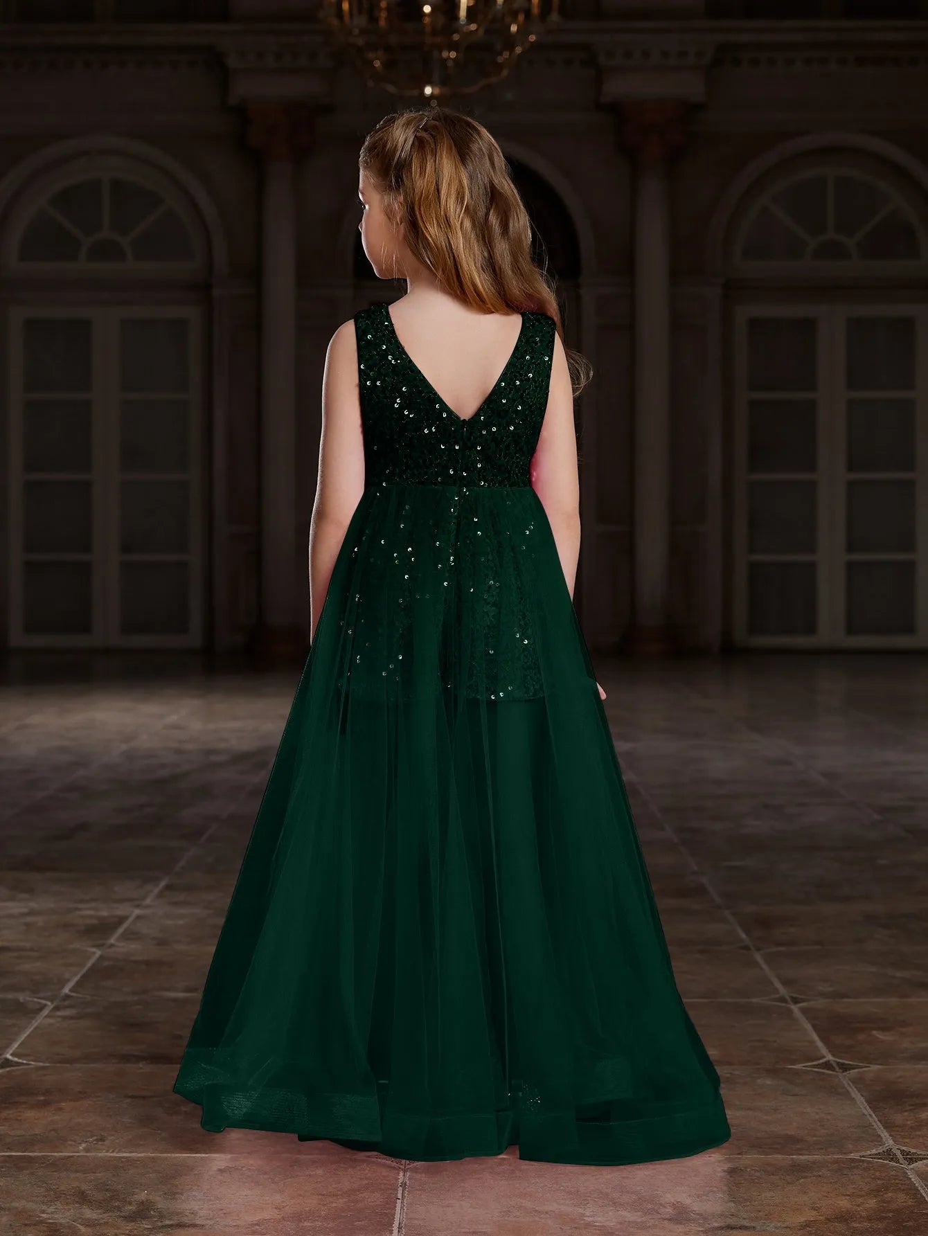 Additional product view of Mesh Overlay V-Neck Sequin Sleeveless Tween Girls' Formal Romper