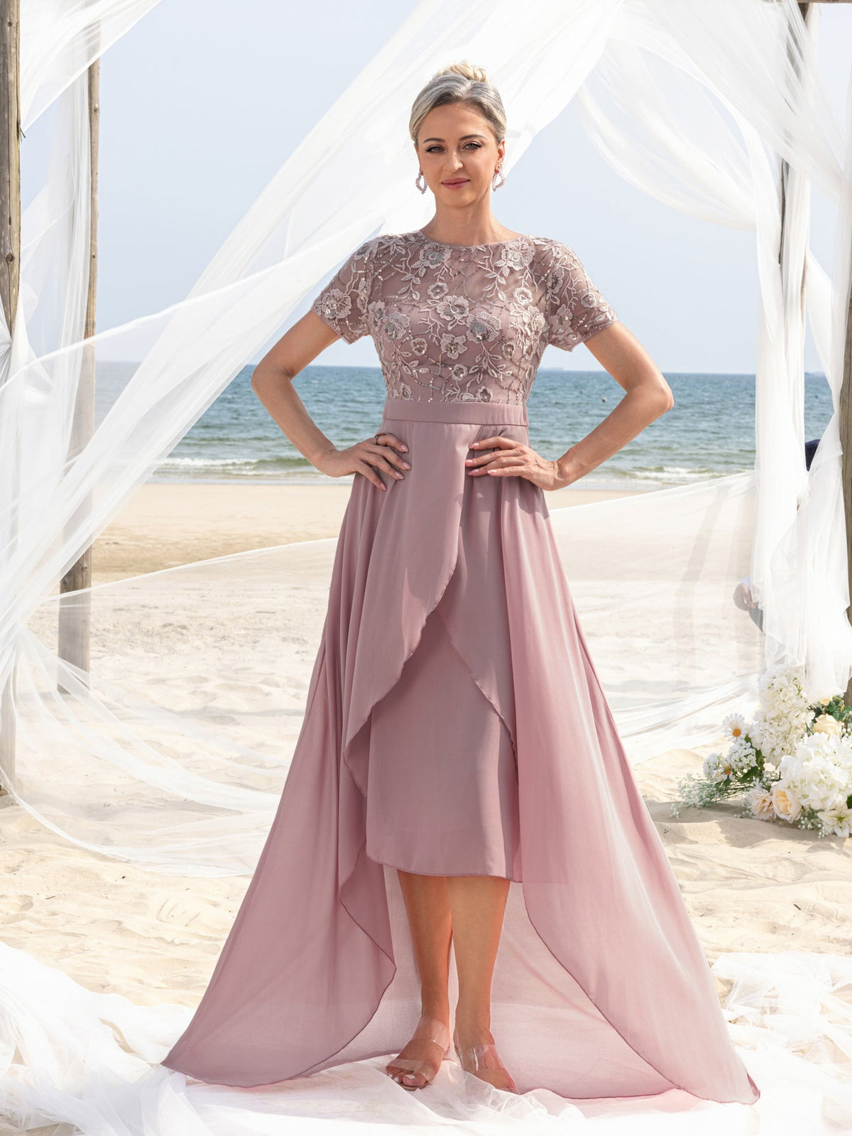 Additional product view of Embroidered Sequin Bodice Asymmetrical Lace Boat-Neck Short-Sleeve Mother-of-the-Bride Dress