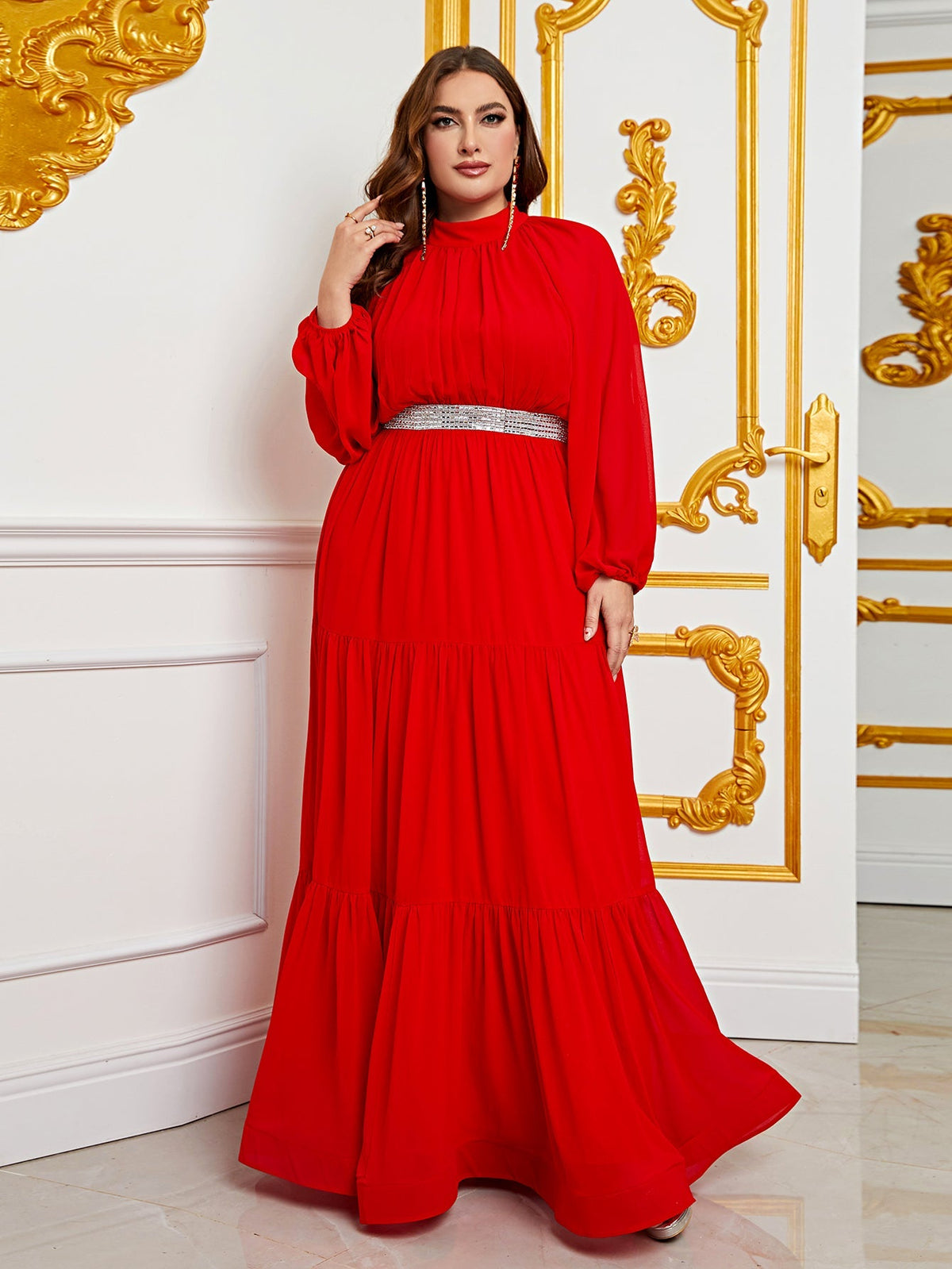 Plus Chiffon Mock Neck Evening Gown with Tiered Ruffles – Structured Maxi Dress for Gala Dinners, Awards Nights & Dramatic Events