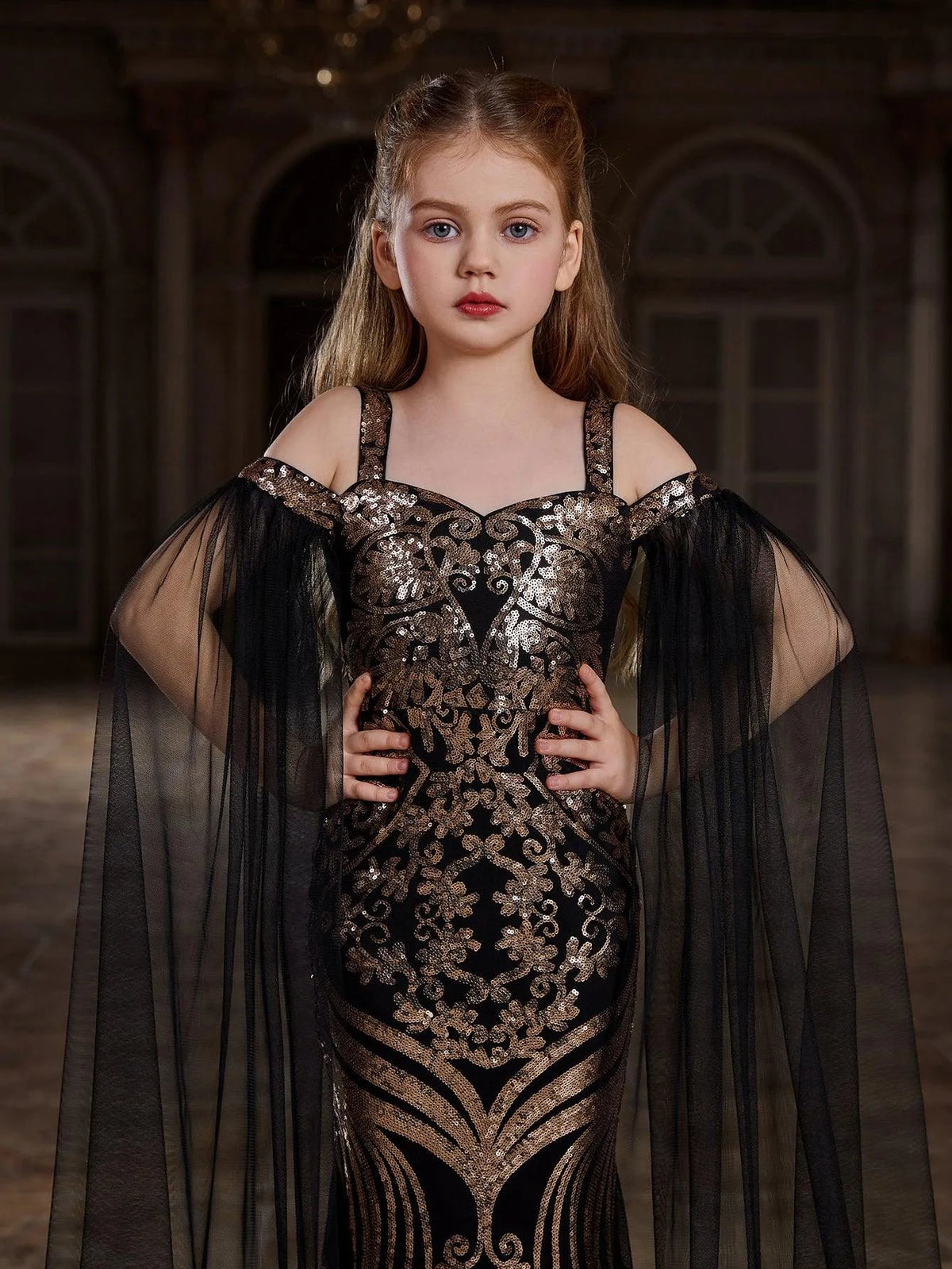 Additional product view of Cloak-Sleeve Off-Shoulder Sequin Mermaid Maxi Tween Girls' Party Dress