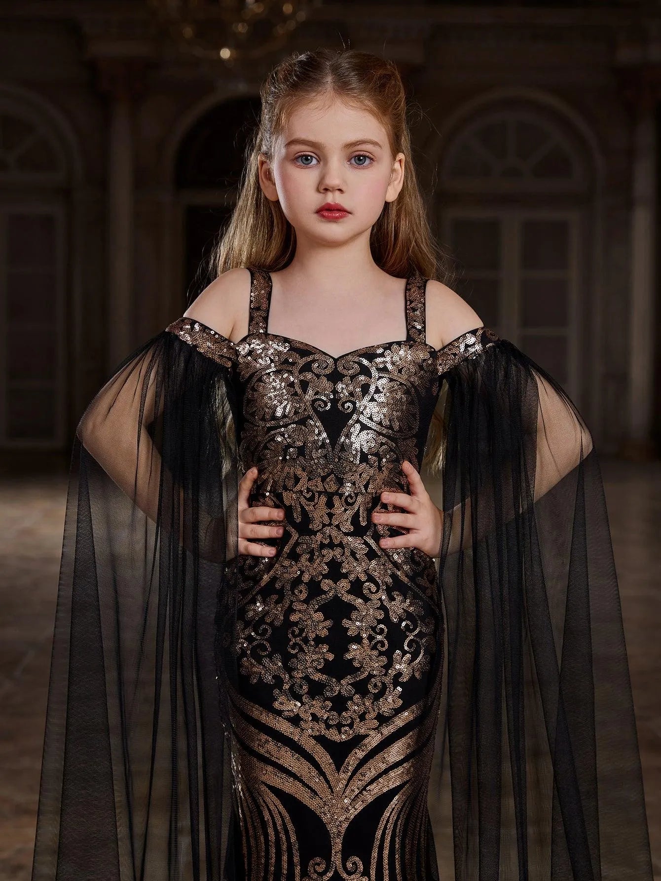 Additional product view of Cloak-Sleeve Off-Shoulder Sequin Mermaid Maxi Tween Girls' Party Dress